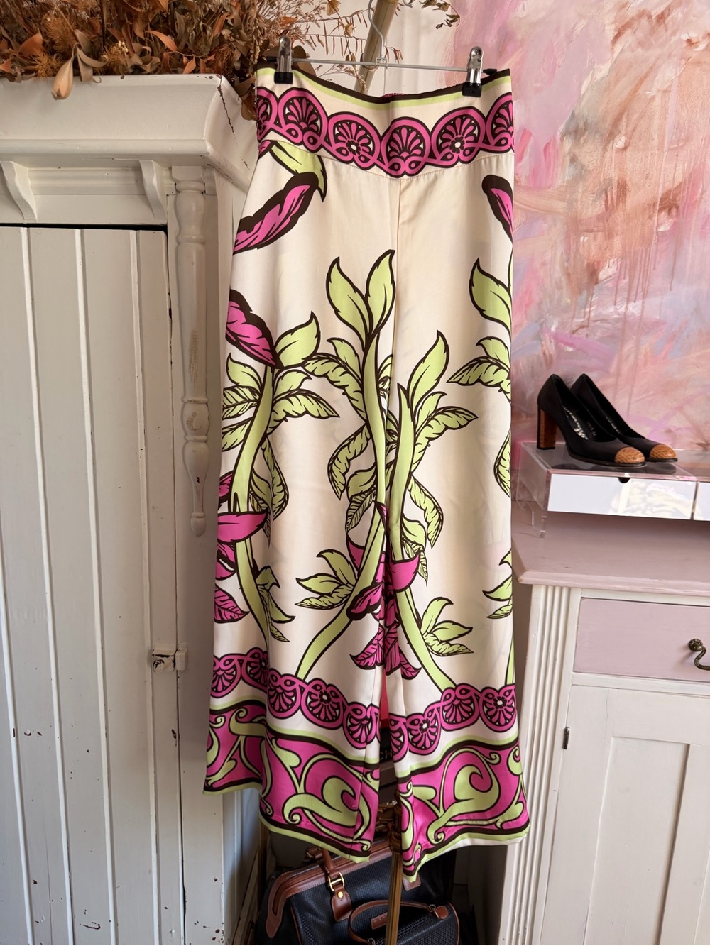 Rachel Zoe Cream Wide-Leg Jumpsuit with Pink & Lime Botanical Print